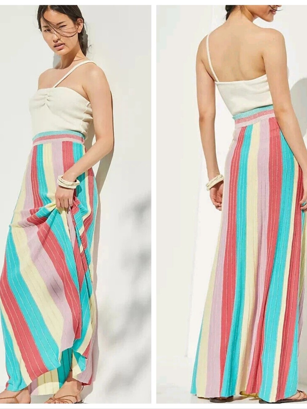 Anthropologie Rainbow Stripe Maxi Skirt Pastel Lurex Shimmer Size M NWT